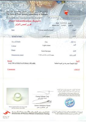 Certificate - Saltwater Natural Pearl - 2.42ct