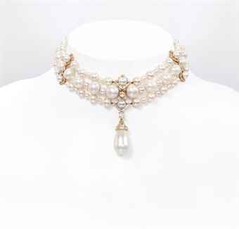 Three Strand Natural Pearl and Diamond Necklace<BR>Photo: Christie's