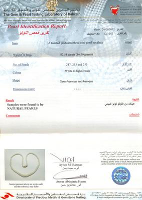 Certificate for 3 Strand Natural Pearl Necklace