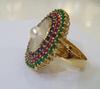 Salt Water Natural Blister Pearl Ring with Ruby, Emerald and Sapphires