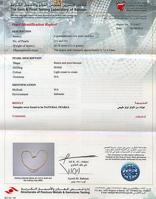 Two Strand Natural Basra Pearl Necklace for Sale - 60 carats - Certificate