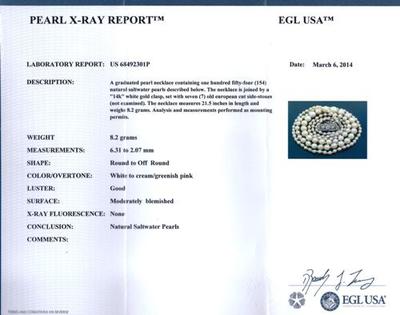 Vintage Art Deco Natural Saltwater Pearl Diamond Clasp Necklace Certificate