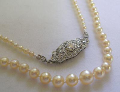 Antique Natural Saltwater Pearl Necklace, Large Platinum Diamond Clasp