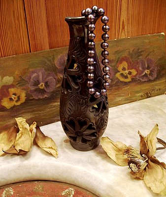 Black pearls dried magnolia petals Oaxaca vase pansy oil painting Black pearls dried magnolia petals Oaxaca vase pansy oil painting